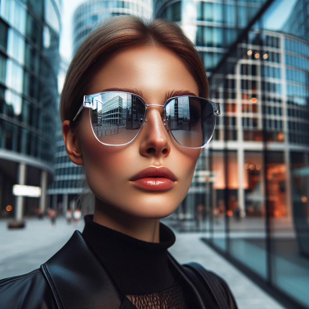 Nærbilde av en person i urbane omgivelser som bærer moderne solbriller, klart lys, reflekterende glassfasader i bakgrunnen, stilfull og minimalistisk estetikk